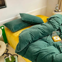 Reversible Velvet Duvet Cover - Dark Green & Mustard