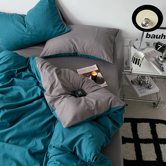 Pure Cotton Reversible Duvet Cover Set - Teal Blue & Grey