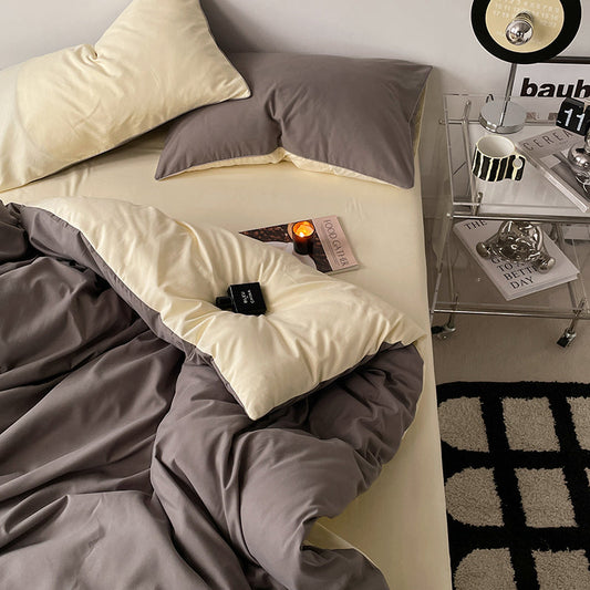 Pure Cotton Reversible Duvet Cover Set - Brown & Sour Cream