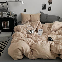 Pure Cotton Reversible Duvet Cover Set - biscuit Brown And Grey