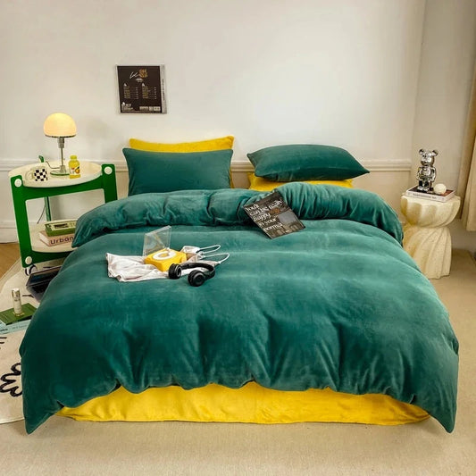 Reversible Velvet Duvet Cover - Dark Green & Mustard