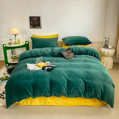 Reversible Velvet Duvet Cover - Dark Green & Mustard