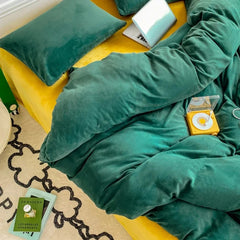 Reversible Velvet Duvet Cover - Dark Green & Mustard