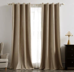 2 PCs Stainless Ring Eyelet Velvet Curtains With Velcro Belts - Sandy Biege