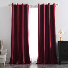 2 PCs Stainless Ring Eyelet Velvet Curtains With Velcro Belts - Mahroon