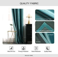 2 PCs Stainless Ring Eyelet Velvet Curtains With Velcro Belts - Blue Teal