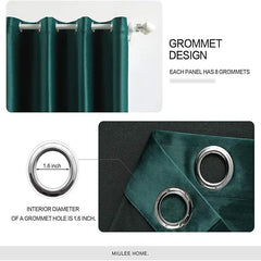 2 PCs Stainless Ring Eyelet Velvet Curtains With Velcro Belts - Salashy Green