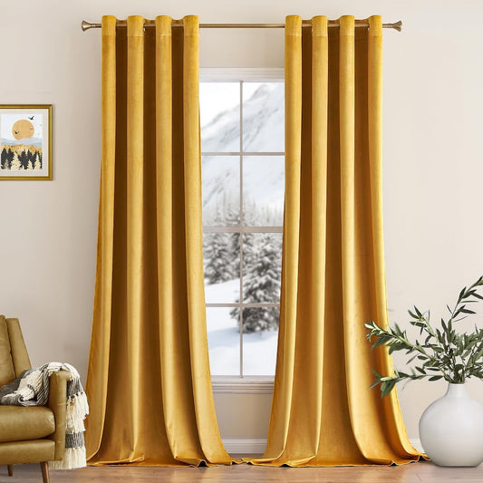 2 PCs Stainless Ring Eyelet Velvet Curtains With Velcro Belts - Mustard