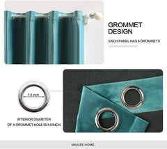 2 PCs Stainless Ring Eyelet Velvet Curtains With Velcro Belts - Blue Teal