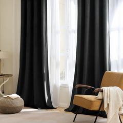 2 PCs Stainless Ring Eyelet Velvet Curtains With Velcro Belts - Black