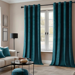 2 PCs Stainless Ring Eyelet Velvet Curtains With Velcro Belts - Sea Green