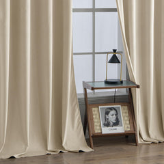 2 PCs Stainless Ring Eyelet Velvet Curtains With Velcro Belts - Beige