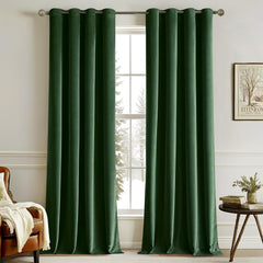 2 PCs Stainless Ring Eyelet Velvet Curtains With Velcro Belts - Dark Green