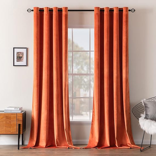 2 PCs Stainless Ring Eyelet Velvet Curtains With Velcro Belts - Orange