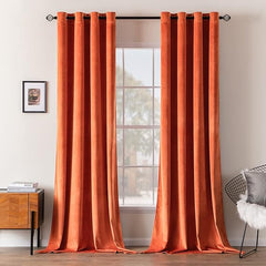 2 PCs Stainless Ring Eyelet Velvet Curtains With Velcro Belts - Orange