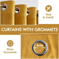 2 PCs Stainless Ring Eyelet Velvet Curtains With Velcro Belts - Mustard
