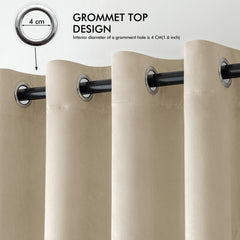 2 PCs Stainless Ring Eyelet Velvet Curtains With Velcro Belts - Beige