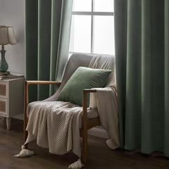 2 PCs Stainless Ring Eyelet Velvet Curtains With Velcro Belts - Sage Green