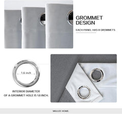 2 PCs Stainless Ring Eyelet Velvet Curtains With Velcro Belts - Snowy Grey