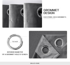 2 PCs Stainless Ring Eyelet Velvet Curtains With Velcro Belts - Dark Grey