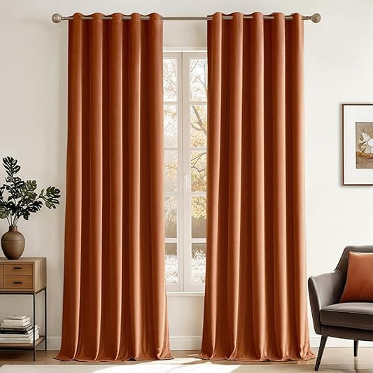 2 PCs Stainless Ring Eyelet Velvet Curtains With Velcro Belts - Teracotta