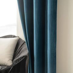 2 PCs Stainless Ring Eyelet Velvet Curtains With Velcro Belts - Sea Green