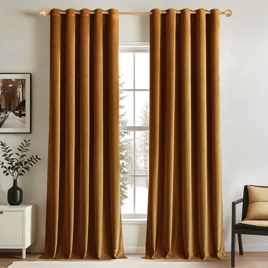 2 PCs Stainless Ring Eyelet Velvet Curtains With Velcro Belts - Goldy Brown