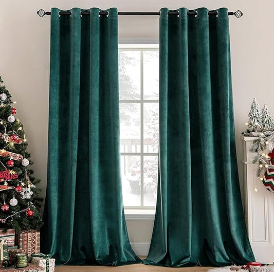 2 PCs Stainless Ring Eyelet Velvet Curtains With Velcro Belts - Salashy Green