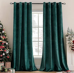 2 PCs Stainless Ring Eyelet Velvet Curtains With Velcro Belts - Salashy Green