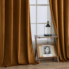 2 PCs Stainless Ring Eyelet Velvet Curtains With Velcro Belts - Goldy Brown