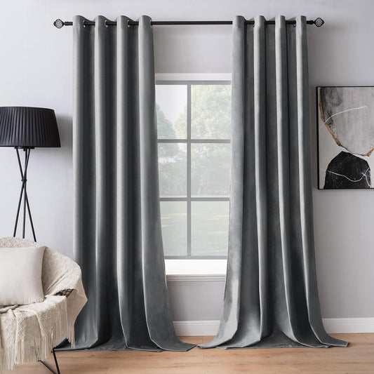 2 PCs Stainless Ring Eyelet Velvet Curtains With Velcro Belts - Dark Grey