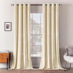 2 PCs Stainless Ring Eyelet Velvet Curtains With Velcro Belts - Off White