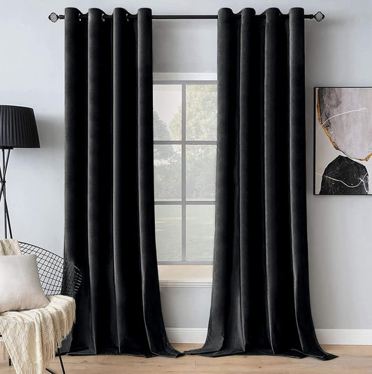 2 PCs Stainless Ring Eyelet Velvet Curtains With Velcro Belts - Black