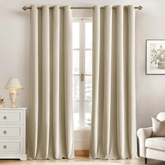 2 PCs Stainless Ring Eyelet Velvet Curtains With Velcro Belts - Beige