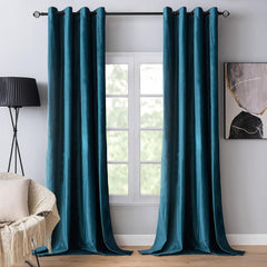 2 PCs Stainless Ring Eyelet Velvet Curtains With Velcro Belts - Blue Sapphire