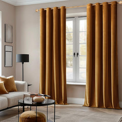 2 PCs Stainless Ring Eyelet Velvet Curtains With Velcro Belts - Goldy Brown