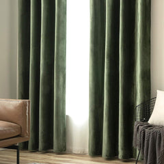 2 PCs Stainless Ring Eyelet Velvet Curtains With Velcro Belts - Olive Green