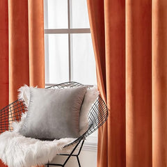 2 PCs Stainless Ring Eyelet Velvet Curtains With Velcro Belts - Orange