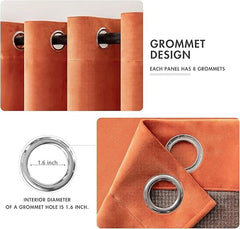 2 PCs Stainless Ring Eyelet Velvet Curtains With Velcro Belts - Orange