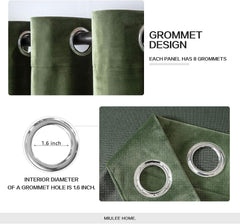 2 PCs Stainless Ring Eyelet Velvet Curtains With Velcro Belts - Olive Green