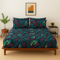 Pure Cotton Fitted Sheet Set - Neon Leaves