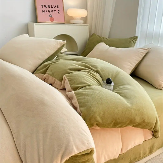 Reversible Velvet Duvet Cover - Offwhite & Apple Green