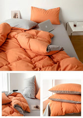 Pure Cotton Reversible Duvet Cover Set - Orange & Light Brown