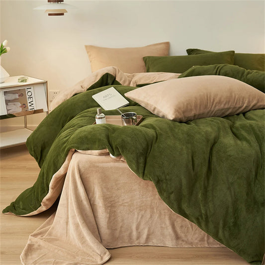 Reversible Velvet Duvet Cover - Olive Green & Beige
