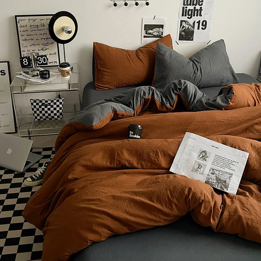 Pure Cotton Reversible Duvet Cover Set - Rust Brown & Grey