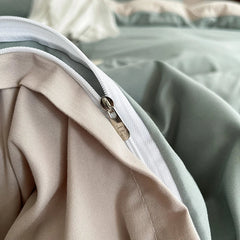 Pure Cotton Reversible Duvet Cover Set - Pistachio & Beige