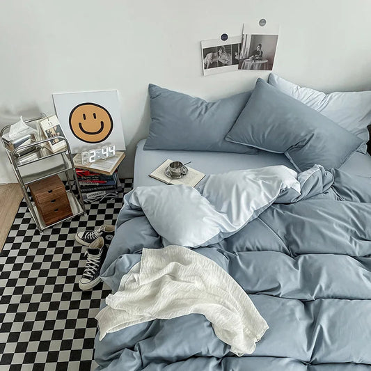 Pure Cotton Reversible Duvet Cover Set - Light Blue & Grey