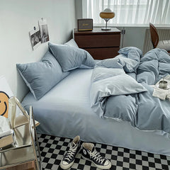 Pure Cotton Reversible Duvet Cover Set - Light Blue & Grey