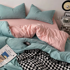 Pure Cotton Reversible Duvet Cover Set - Aqua Green & Light Pink