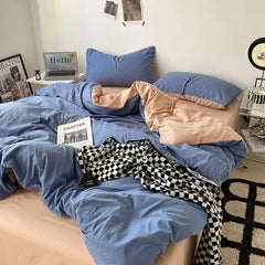 Pure Cotton Reversible Duvet Cover Set - Lapis Blue & Dark Beige